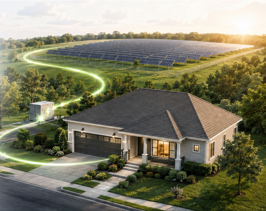 A community solar farm supplying energy to a home with no rooftop panels
