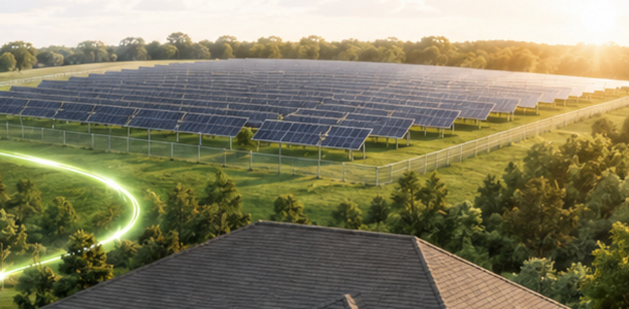 Community solar farm at sunset